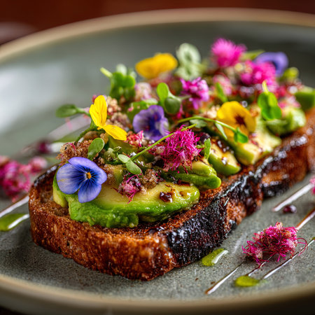 Avocado toast with microgreens and edible flowers on a plateの写真素材