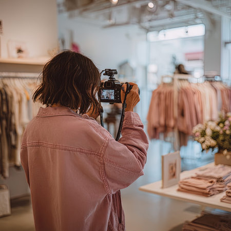 back view of female photographer taking picture with digital camera in clothing store