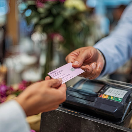 Customer paying with credit card at cash register in flower shop, closeupの写真素材