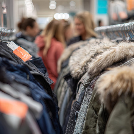 Fur coats on hangers in the store. Blurred backgroundの写真素材