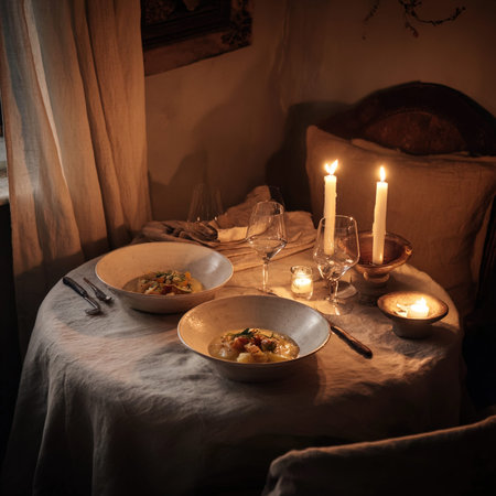 Traditional Greek dinner in a rustic setting with candles. Selective focus.の写真素材
