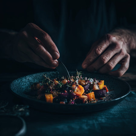 Hands of a man decorating a salad with beets, carrots, onions and spices
