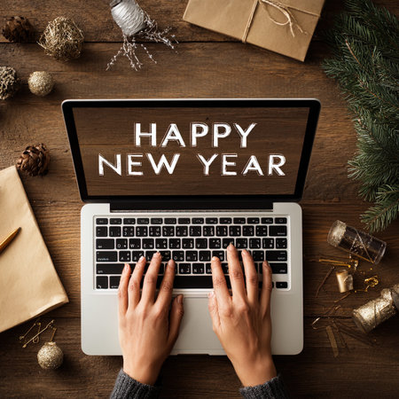 Woman using laptop with Happy New Year lettering on wooden background, top viewの写真素材