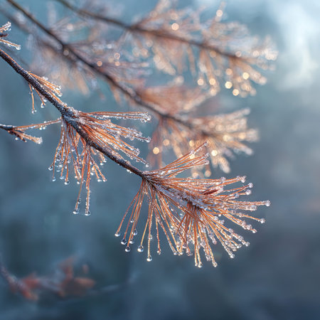 Frozen pine branch with ice crystals on a cold winter day.の写真素材