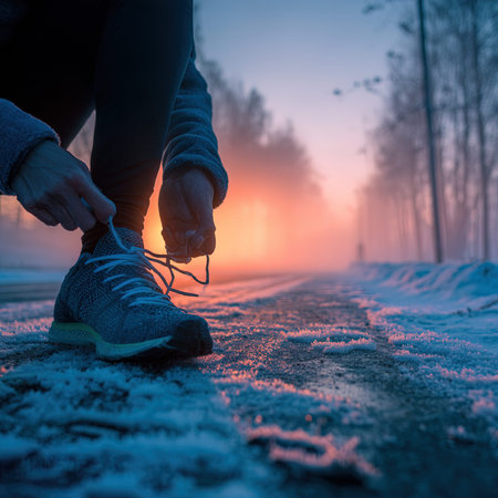 Runner tying shoelaces on the road in the winter forest.