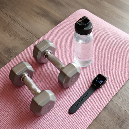 Fitness concept. Dumbbells, smart watch and bottle of water on yoga mat