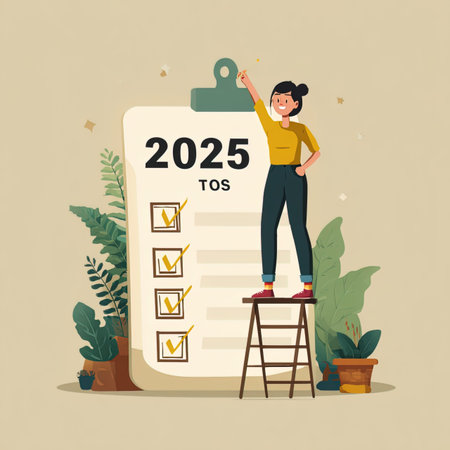Vector illustration of woman standing on a ladder and looking at checklist.