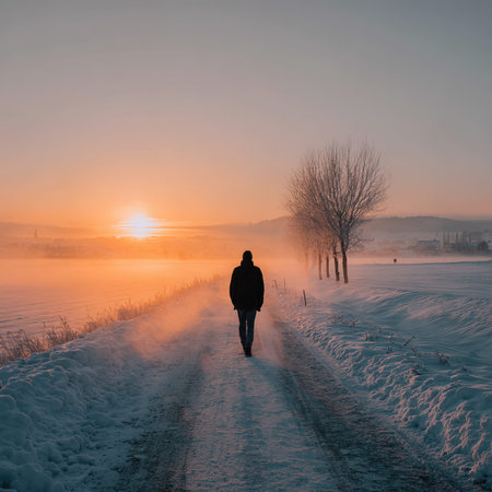 A man walking along a snowy road in winter at sunset. Beautiful winter landscape.の写真素材