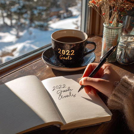 Woman writes a letter to Santa Claus in a notebook and a cup of coffee on the windowsill.