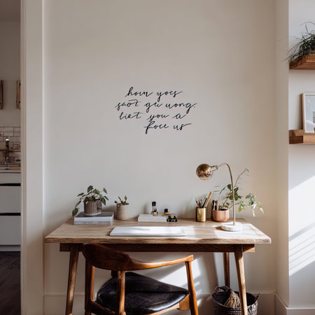 Interior of modern scandinavian kitchen with wooden table, chair, plants, accessories and copy spaceの写真素材