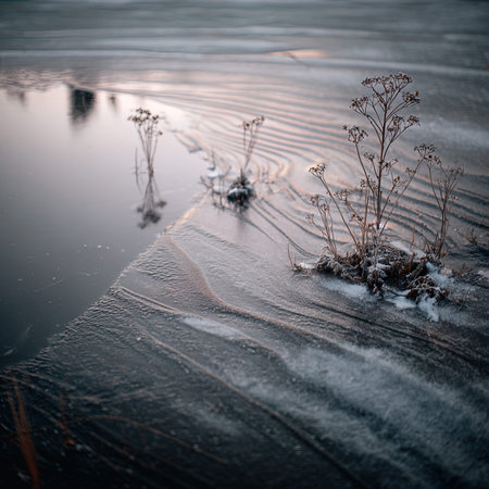 Frozen grass on the shore of a lake in winter at sunsetの写真素材