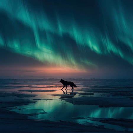 Aurora borealis, northern lights over frozen lake and silhouette of wolfの写真素材