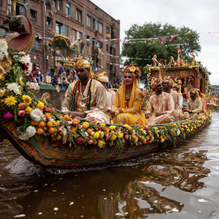 Unidentified people in traditional boat during a festival.