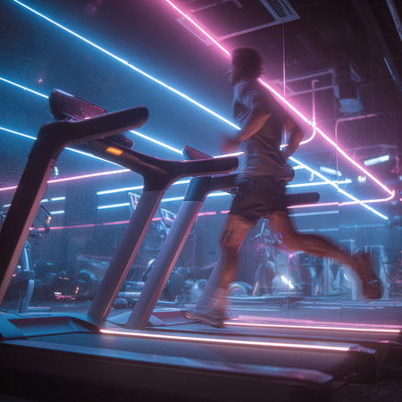Young man running on a treadmill in a modern gym with neon lightsの写真素材