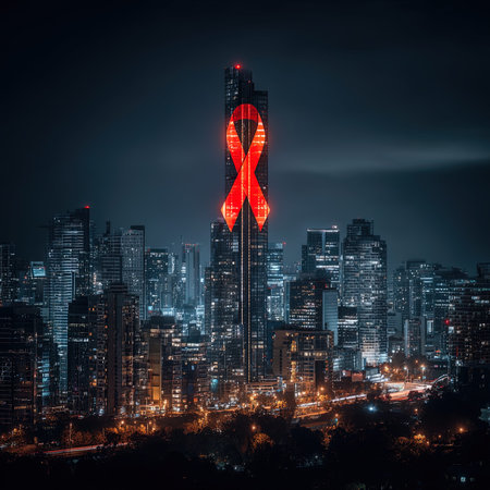 World Aids day concept. Red ribbon symbol on skyscrapers background.の写真素材