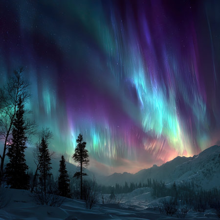 Northern lights in the night sky over the mountains. Winter landscape.の写真素材