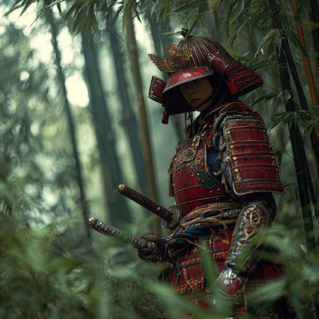 Portrait of a samurai warrior in a red armor in the forestの写真素材