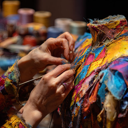 Close-up of a hand of a fashion designer working on a colorful fabricの写真素材
