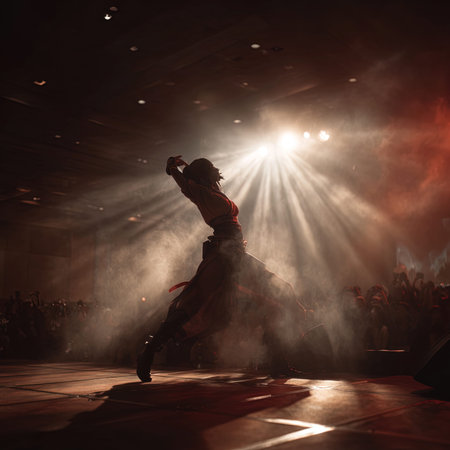 Dancing breakdance show on stage with smoke and lights.の写真素材