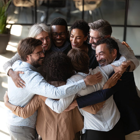 Group of diverse business people standing together in office, looking at camera, smiling. Multiethnic group of diverse employees embracing each other. Teamwork conceptの写真素材