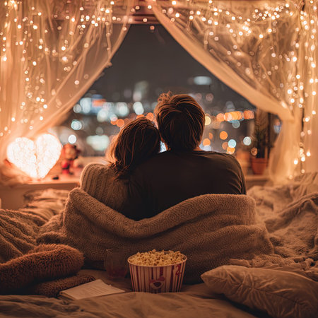 Couple in love sitting on the bed with popcorn and watching a movie.の写真素材