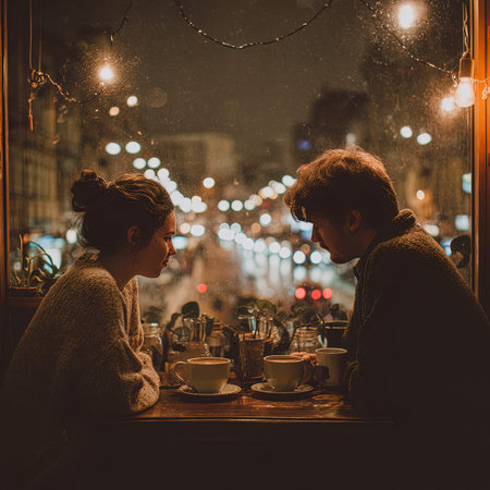 Couple in love sitting in a cafe at night and looking out the windowの写真素材