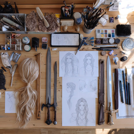Top view of an artist's workplace with a lot of tools and materials