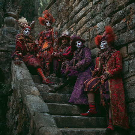 Carnival of Venice. Group of masked people on stairs.の写真素材