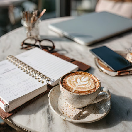 Coffee cup with latte art and notebook on table.の写真素材