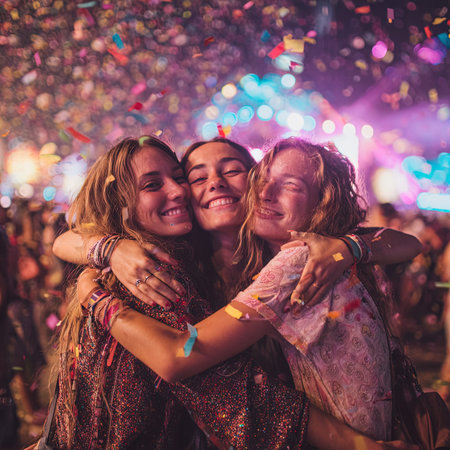 Portrait of happy young women dancing with confetti at music festivalの写真素材