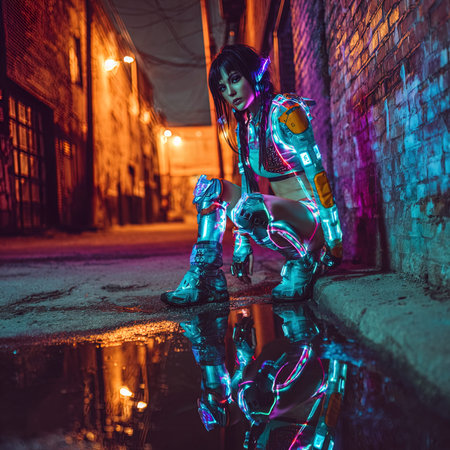 Futuristic cyberpunk girl with neon lights in the city.の写真素材