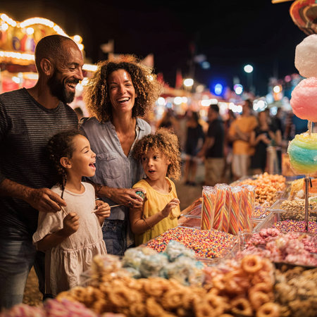 Portrait of happy multiracial family buying candies at street marketの写真素材
