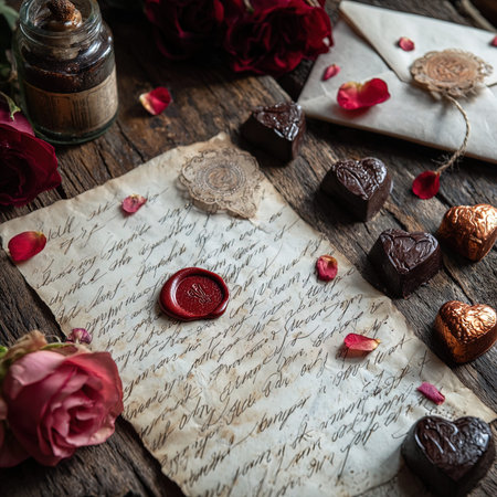 Valentine's day background. Red wax seal on old paper with rose petals and heartsの写真素材