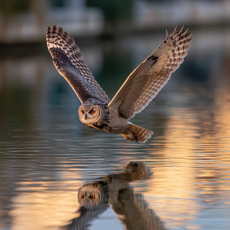 Long-eared owl (Bubo bubo) in flight over waterの写真素材