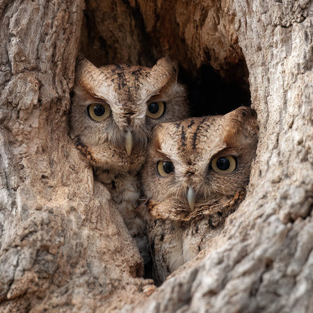 Owls in a tree cavityの写真素材