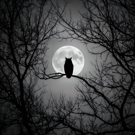 Silhouette of owl on a tree with full moon background.の写真素材