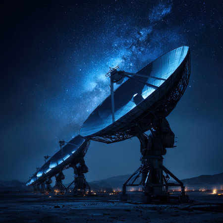 Radio telescope against the night starry sky.の写真素材
