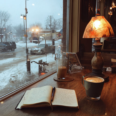 A cup of coffee and a book on the windowsill in winter