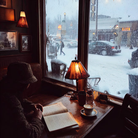 A man in a hat reads a book in a cafe in winterの写真素材