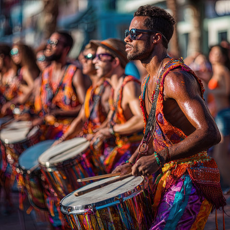 Unidentified man playing the drums at the carnival in Cartagena, Colombia.の写真素材
