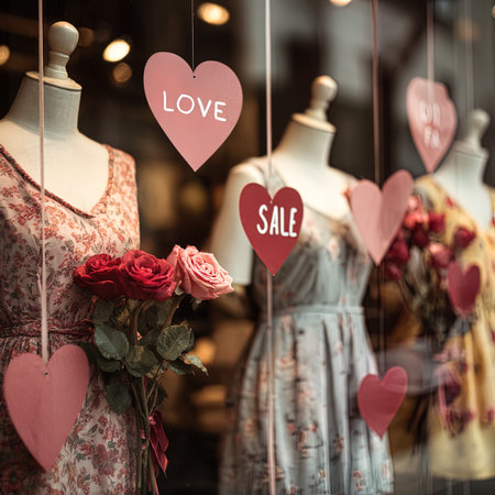 Shop window with valentines hearts and roses in Paris, Franceの写真素材