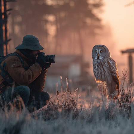 Professional photographer with a camera and an owl in a field at sunset.の写真素材