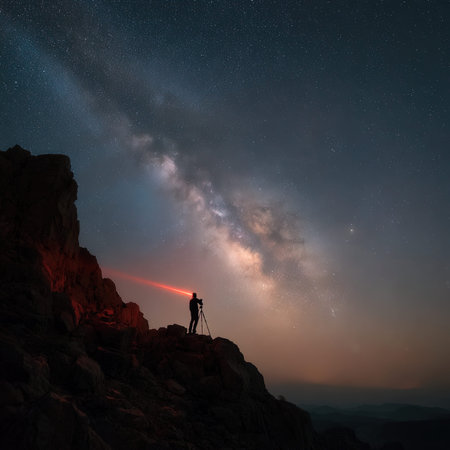 Silhouette of photographer taking picture of milky way in the sky.の写真素材