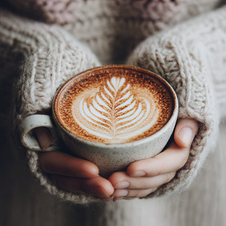 Female hands in warm knitted sweater holding cup of coffee with beautiful latte artの写真素材