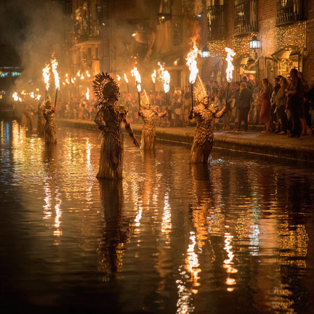Fire devils performing in the streets of Barcelona, Spainの写真素材