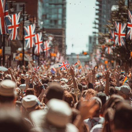 Crowd of people with flags at the annual gay pride paradeの写真素材