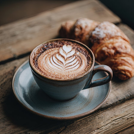Cup of coffee with latte art and croissants on wooden tableの写真素材