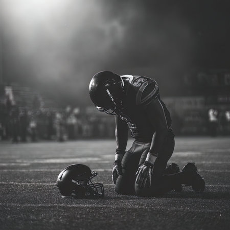 American football player with helmet and ball on stadium. Black and whiteの写真素材