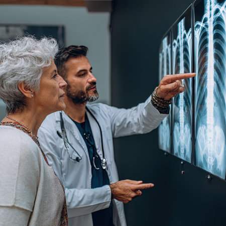 Doctor explaining x-ray results to senior patient. Doctor pointing at x-ray.