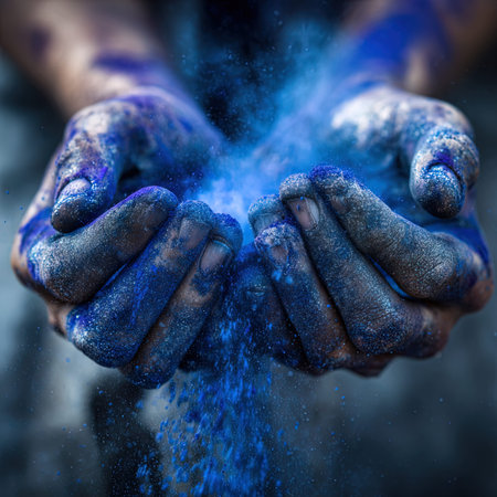 Hands of a man covered in blue paint with a spray of blue powderの写真素材